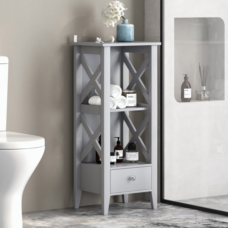 Support de salle de bain avec deux tablettes et tiroir inférieur, Gris