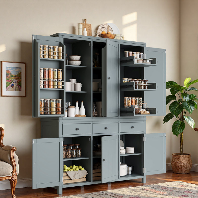 Garde-manger autoportant Farmhouse avec tablettes de porte, tablettes réglables, plateaux coulissants et tiroirs, Grey
