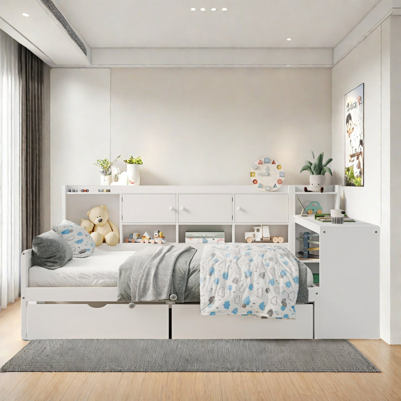 Wooden L-Shape Daybed With Seven Storage Cabinets And Two Storage Drawers, Multi-Functional Bed With Study Desk And Built-In Bookshelf