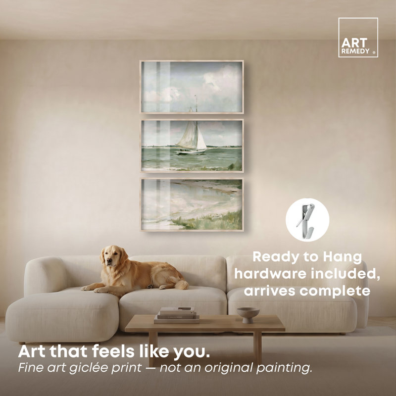 «Pale Sails I Shadowbox Print» par Art Remedy, ensemble de 3, H 66 po x l 44 po, Cadre blond
