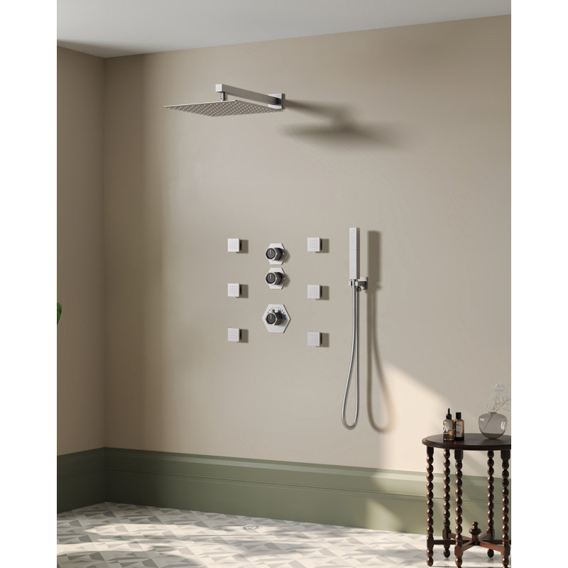 RelaxaJet Thermostatic Shower System 12" Wall Mounted High-Pressure Rainfall Shower Head with Handheld Shower,Body Jet