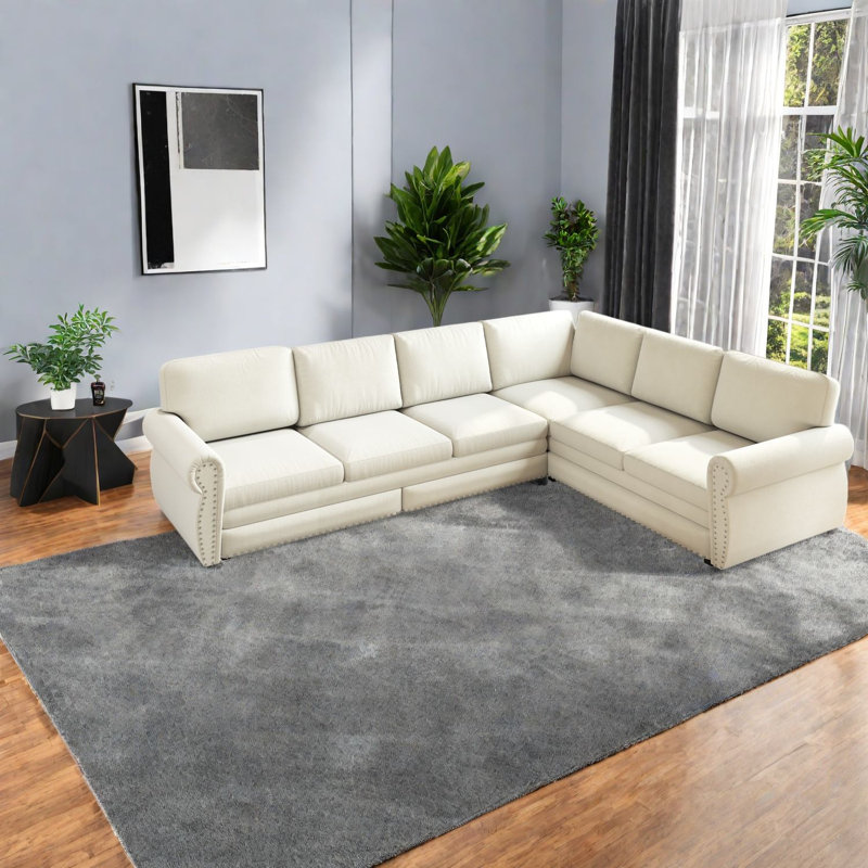 Canapé d'angle multifonctionnel, canapé-lit en chenille de 3 m, salon moderne, Beige;White