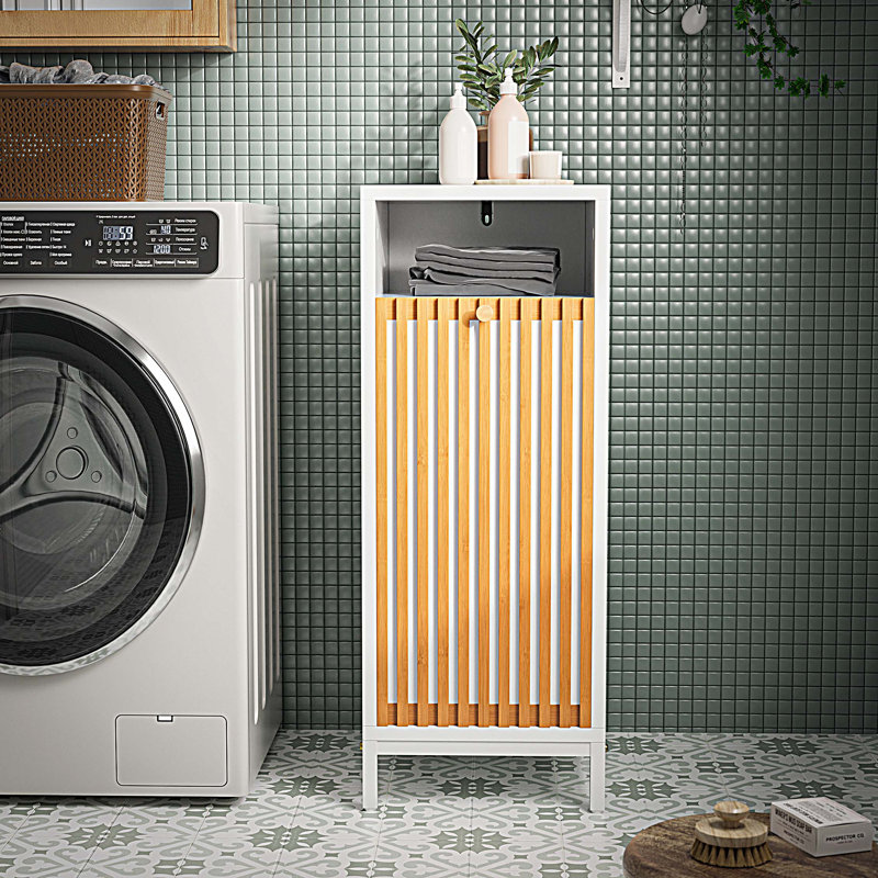 Armoire de rangement pour salle de bain avec façade en bambou et panier à linge