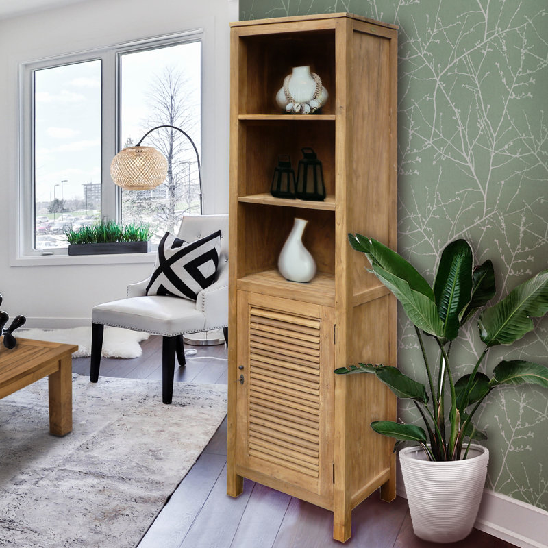 Recycled Teak Wood Louvre Cabinet with 3 Open Shelves and Louvered Door, 78.7" H x 19.6" W