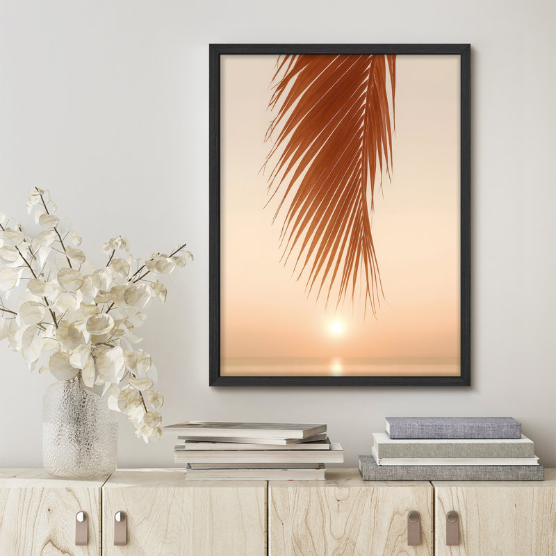 «Palm Leaf Sunset», reproduction d'art encadrée de photographie côtière pour chambre à coucher ou maison de plage, Naturel