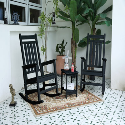 Outdoor Rocking Chair Set With Side Table, 3-Piece Rocking Chair Set With Wood-Texture,All Weather-Resistant,Black (Includes 2 Rocking Chairs And 1 Table)
