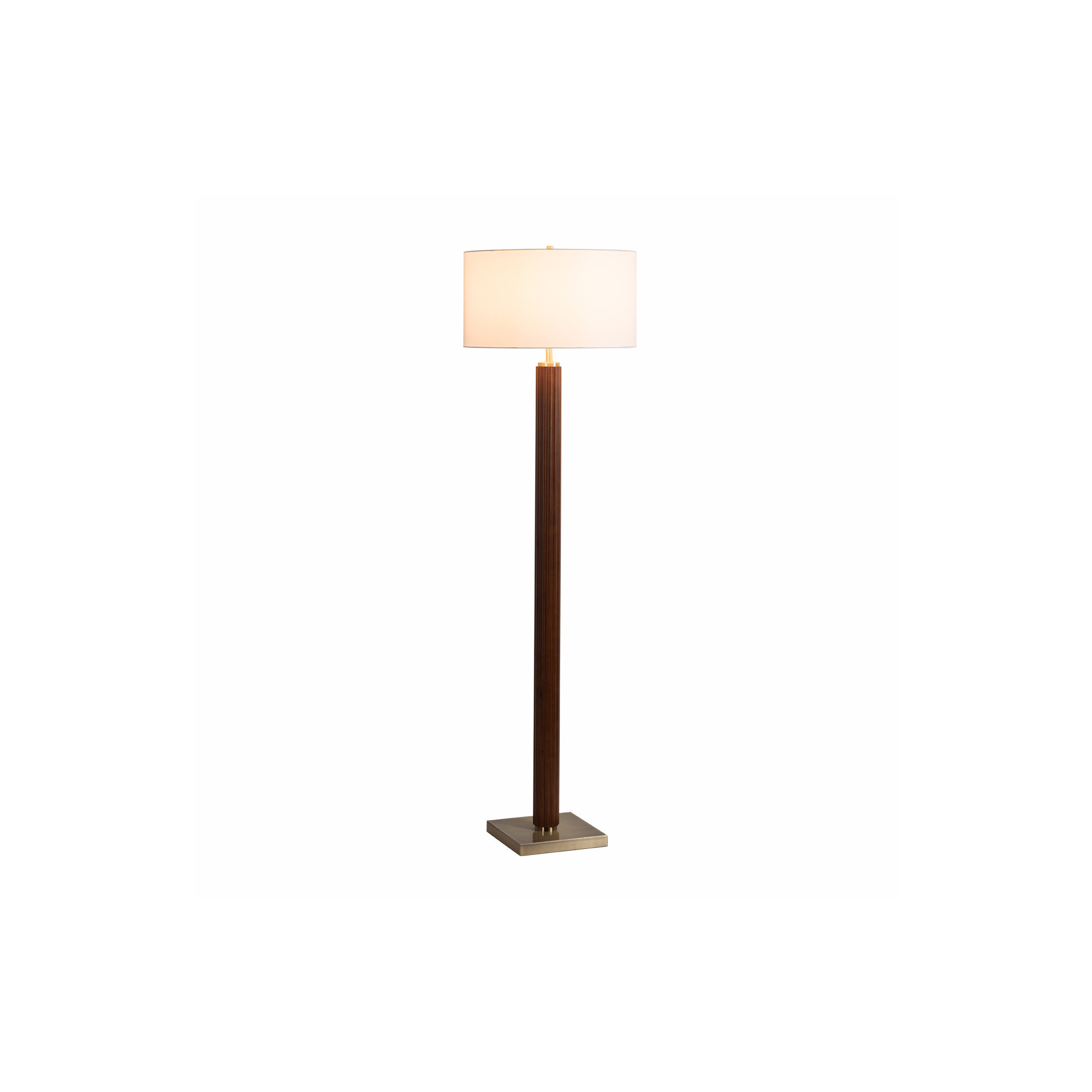 Tambo Floor Lamp -  Weathered Brass, White linen Shade, Dimmer, Dark Walnut