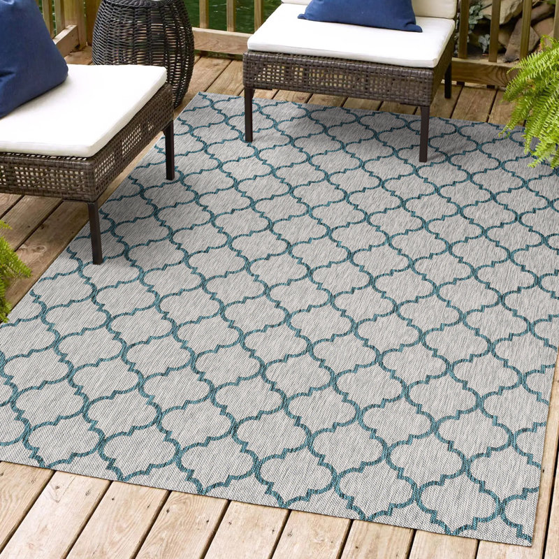 Tapis d'intérieur / extérieur gris / bleu sarcelle Arabesque Ogee, Rectangle 3 pi 11 po x 6 pi