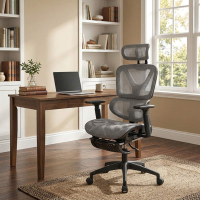 Fauteuil de bureau en filet respirant avec dossier inclinable réglable et repose-pieds rétractable pour poste de travail