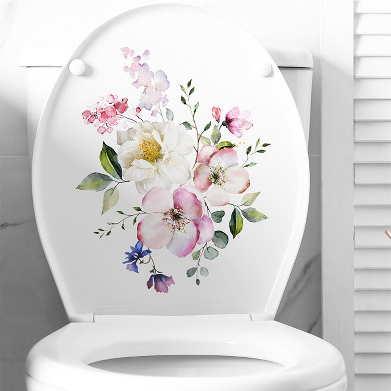 Flowers Bathroom Toilet Seat Lid Cover, Leaves Flowers Toilet Stickers Modern Minimalist Flowers Pattern Self-Adhesive Toilet Lid Stickers PVC Toilet Cover Decal for Bathroom Restroom Decor