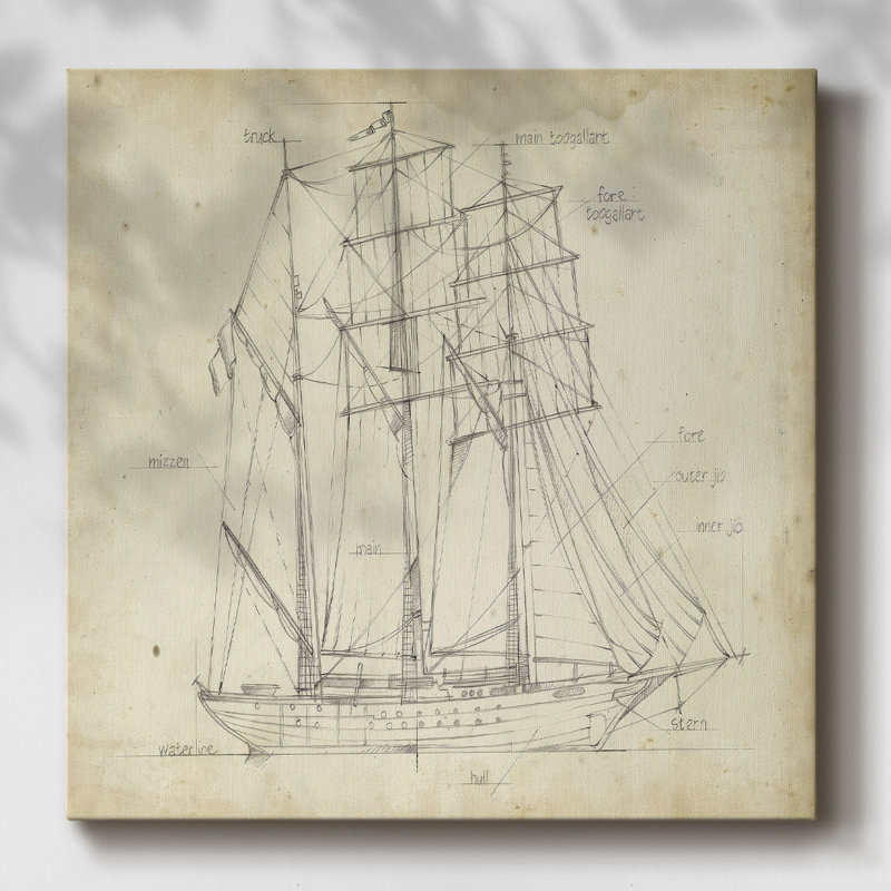 Sailboat Blueprint I-Gallery Wrapped Canvas, H 16 po x l 16 po x P 1,5 po
