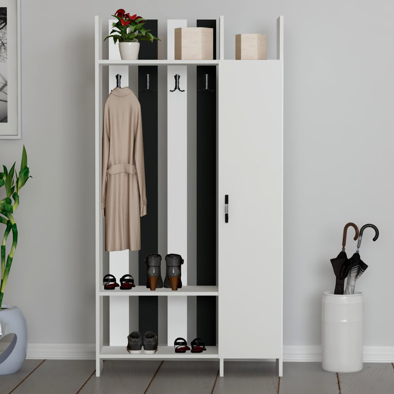 Portemanteau moderne avec portemanteau suspendu et tablettes multiples, 36,8 po x 70,9 po x 13,2 po | 100% panneau de particules enduit de mélamine, épaisseur de 0,71 pouce | Design élégant blanc et anthracite, solution murale et peu encombrante