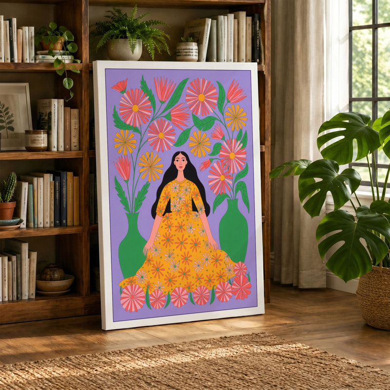 Woman Among Flowers Boho - Wrapped Canvas, 24x16 - 61.0 x 40.6 cm, Ochre Border