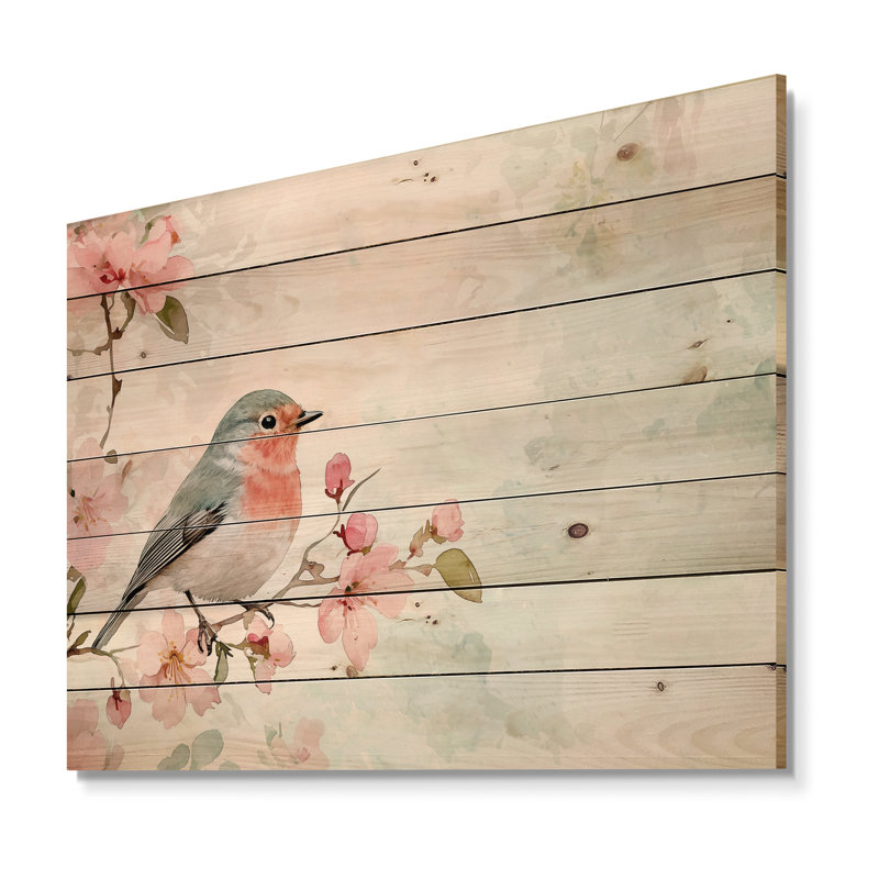 Oiseau Robin chantant dans le jardin II - impression moderne en bois rose sur bois de pin naturel, H 30 po x l 40 po
