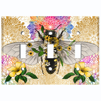 Metal Light Switch Plate Outlet Cover (Bee Yellow Flowers Rainbow Mandala    - Single Toggle)