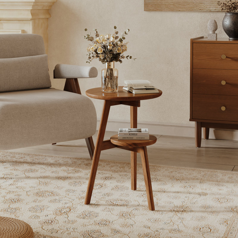 16.5" Dual-Tier Solid Wood Round Side Table with Angled Tripod Legs | Mid-Century Modern Two-Tier Accent End Table for Living Room & Bedroom |
