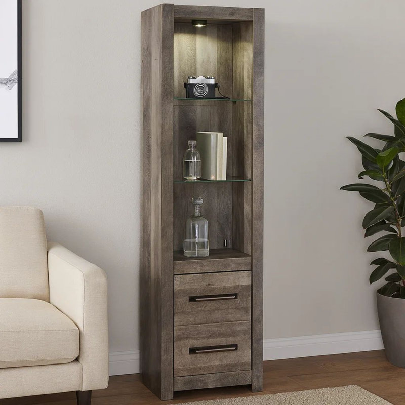 Quai latéral de 72 pouces, 2 tablettes en verre, 2 tiroirs inférieurs, gris rustique