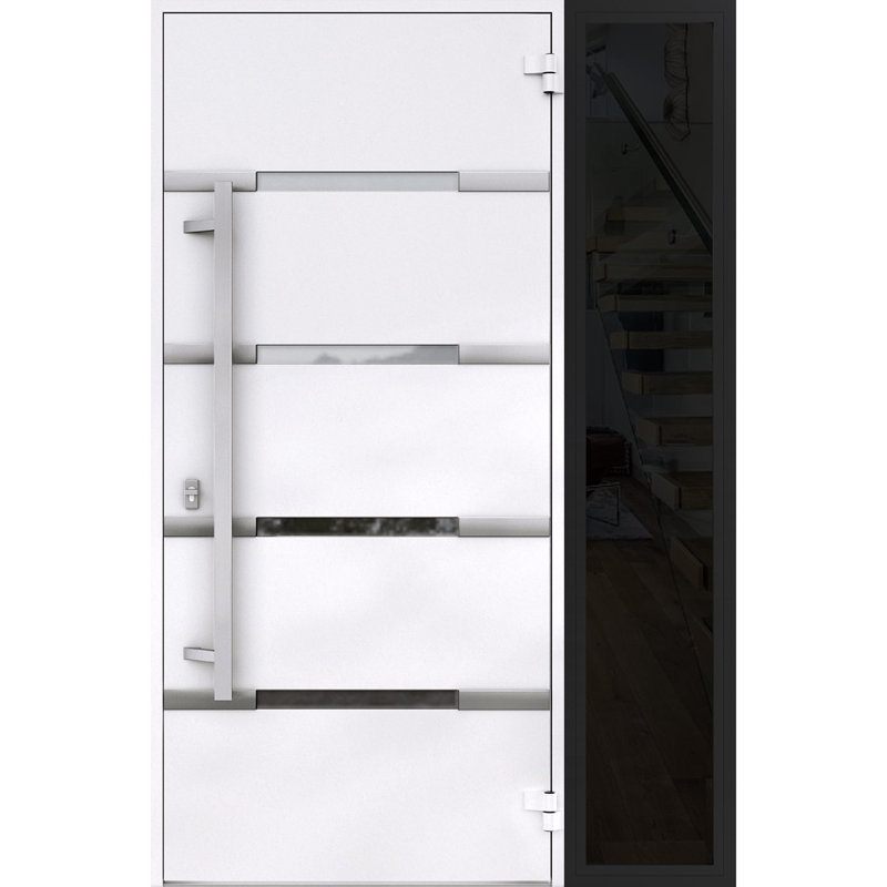 Façade avant en acier pré-suspendue / deux portes en émail noir 1105 / fenêtre extérieure latérale avec insert latéral en acier inoxydable et entrée moderne peinte en métal l 36 po + H 16 po x H 80 po à gauche