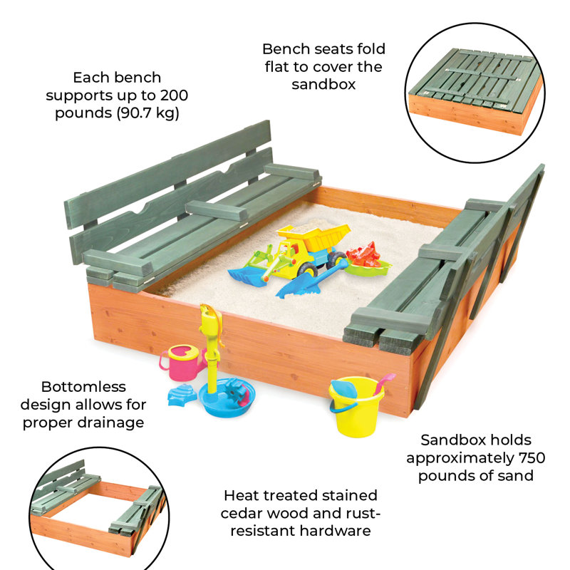 Natural Green Cedar Wood Square Sandbox with Convertible Bench Seats