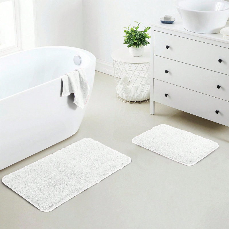 Ensemble de tapis de salle de bain en microfibre blanche 17 po x 24 po - Tapis de bain épais et antidérapant, lavable à la machine, pour plancher de salle de bain, baignoire et douche