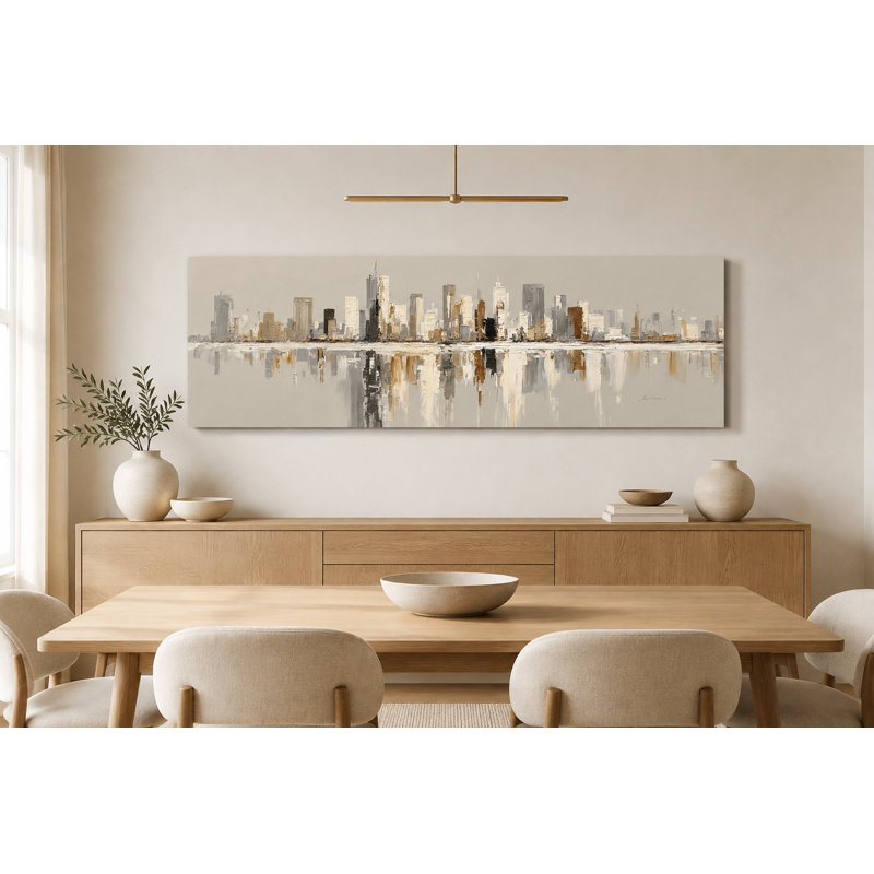 Reflets neutres de la ville - Tableau panoramique abstrait sur toile tendue, L 48 po x H 16 po x P 1,5 po