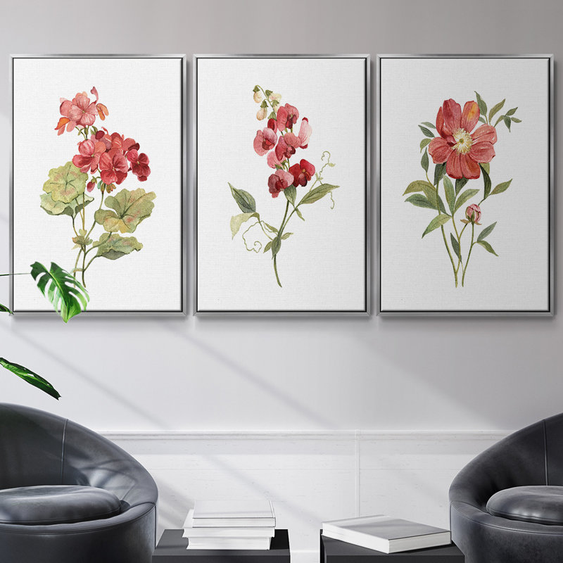 Ensemble de 3 pièces encadrées sur toile géranium écarlate, H 40 po x l 78 po, Argent