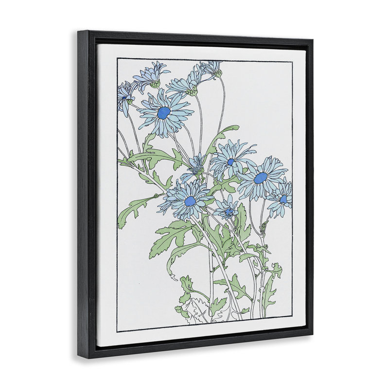 Contour bleu marguerites détaillées, H 21 po x l 17 po, Cadre flottant noir de jais