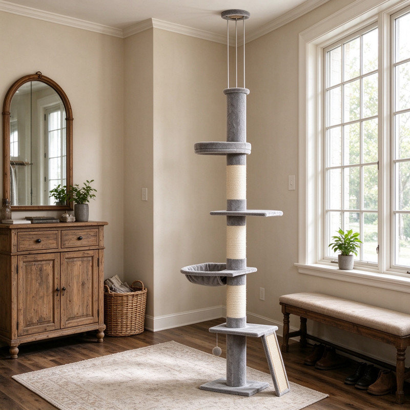90"-102" Adjustable Floor-to-Ceiling Cat Tree, 5-Level Vertical Cat Tower with 3-Rod Stable Support for Indoor Cats, Climbing Perching Resting