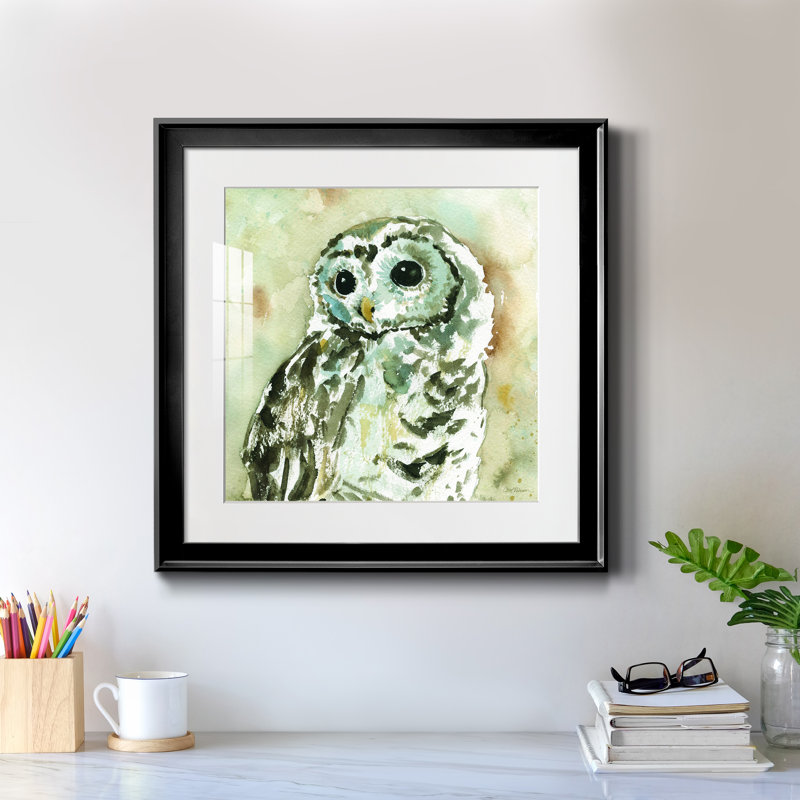 Hibou des bois - peinture encadrée, H 17,5 po x l 17,5 po x P 1,5 po, Papier encadré noir