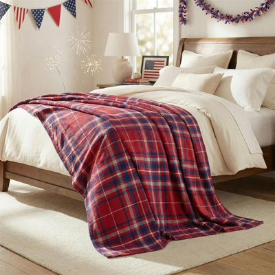 4th of July Flannel Blanket Throw, Red Buffalo Plaid Independence Day Memorial Day Soft Fuzzy Plush Cozy Fleece Blankets for Couch Sofa Bed Decor, Ideal Gifts for Adults 80x60