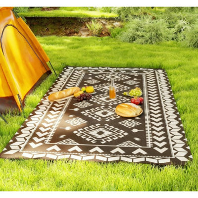 Reversible Large Area Rugs, Premium Polypropylene Fabric, Black White Patchwork For Outdoor Camping Patio