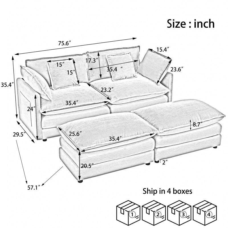 Canapé modulaire moderne en velours côtelé, repose-pieds double, poches de rangement doubles,, Beige