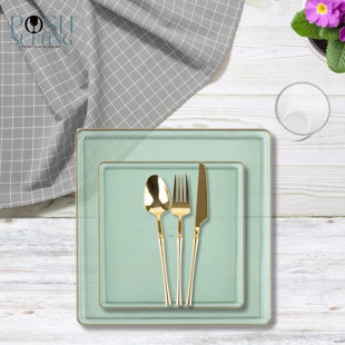 Posh Setting 280 Piece Green And Gold Plastic Party Bundle - Square Edge (40 Settings)