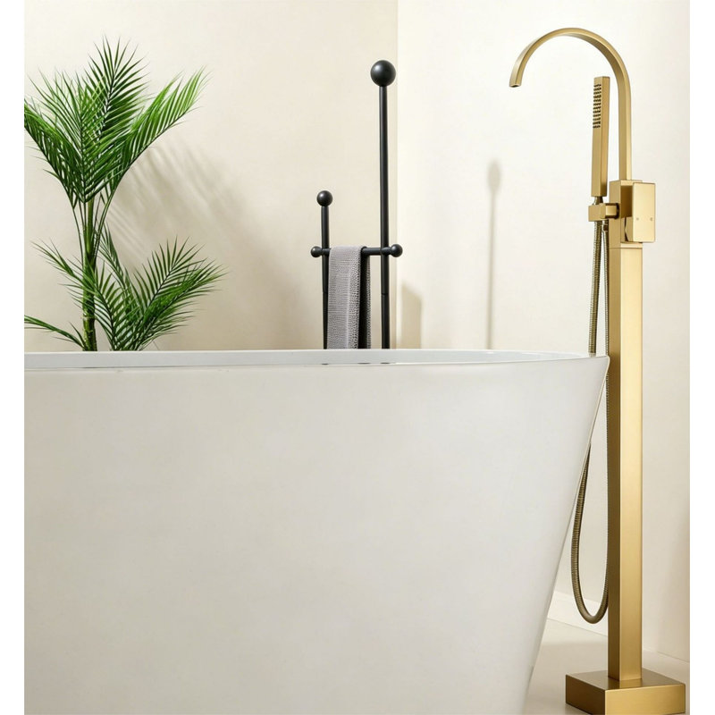 Robinet de baignoire autoportant à fixation au sol avec douche à main, Or brossé
