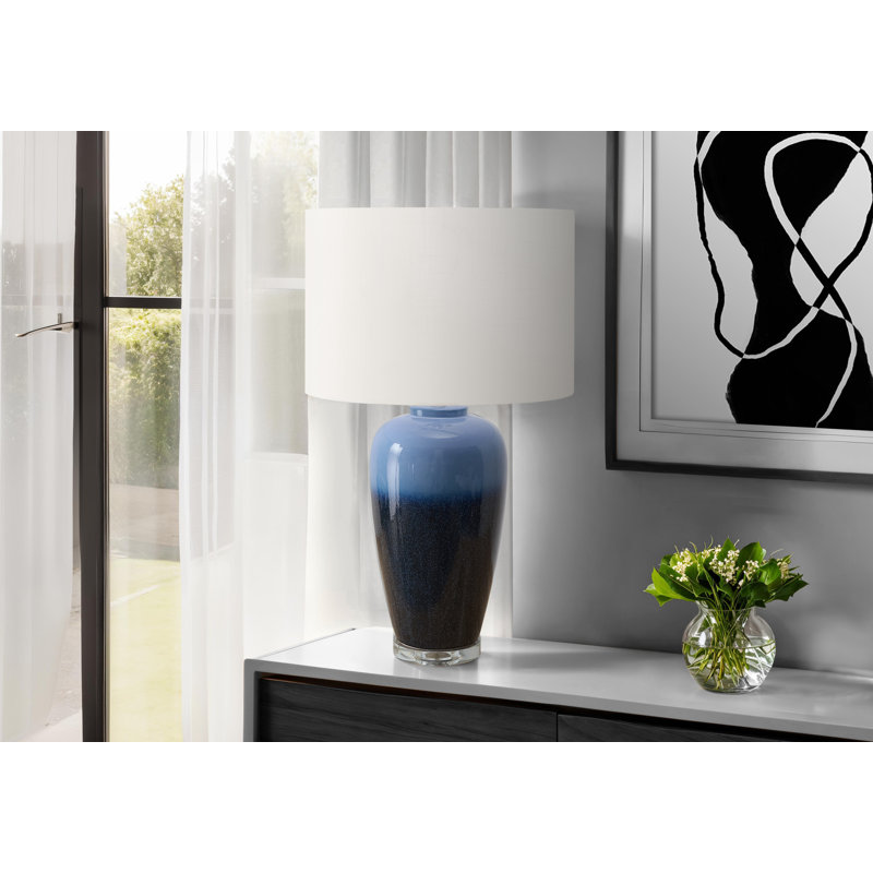 Lighting, h 29 po, lampe de table, céramique bleue, abat-jour ivoire / crème, contemporain, moderne