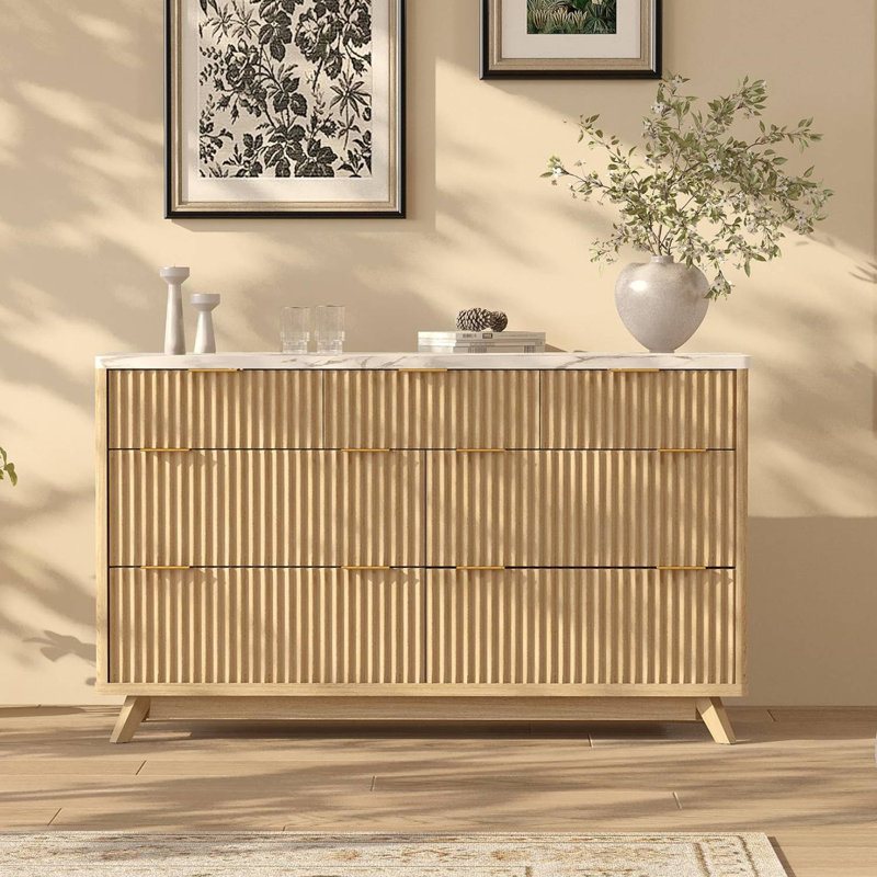 54" Fluted 7 Drawer Dresser with Curved Profile & Metal Handles, Mid-Century Wood Storage Chest, Natural