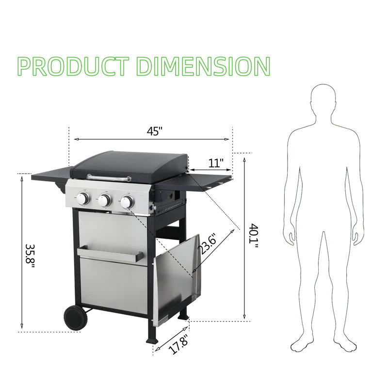 3-Burner Portable Propane Gas Bbq Grill With Wire Enamel Cooking Grids,Ss Plancha,  Foldable Side Table