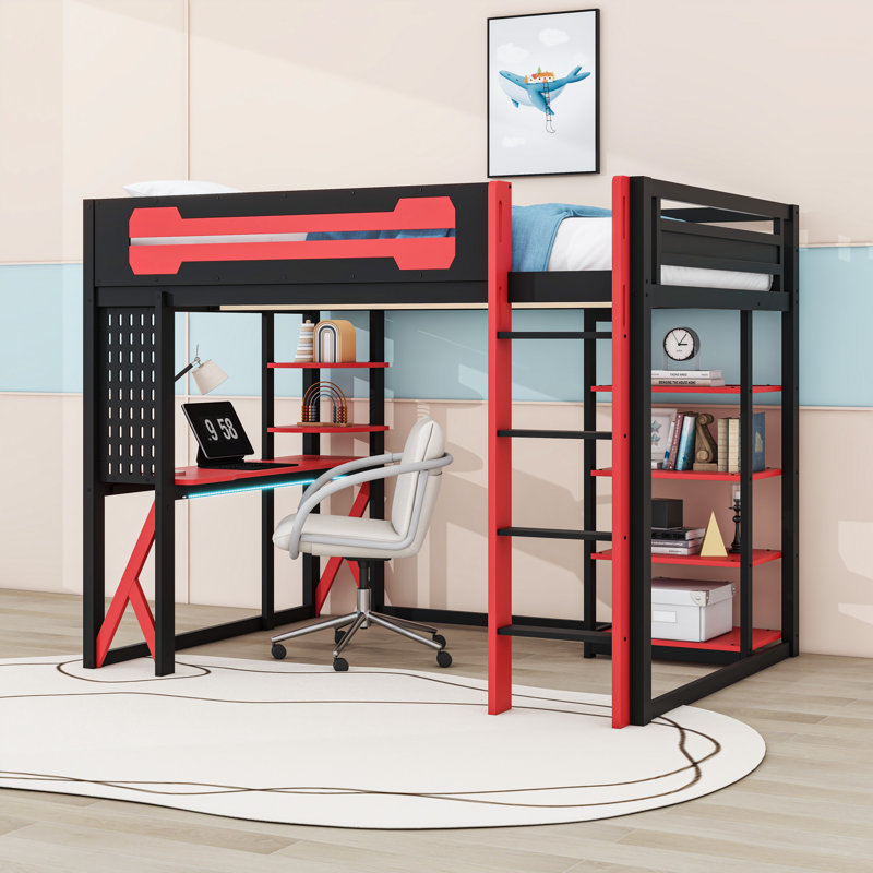 Full Wood Loft Bed with Desk, Shelves, LED Light and Power Outlet, Black Red