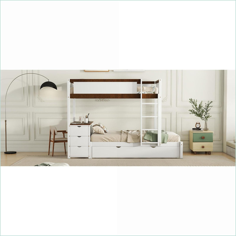 Twin-Over-Twin Bunk Bed with Trundle Desk Storage Solid Pine Composite Wood White Walnut for Small Bedrooms, White/Walnut