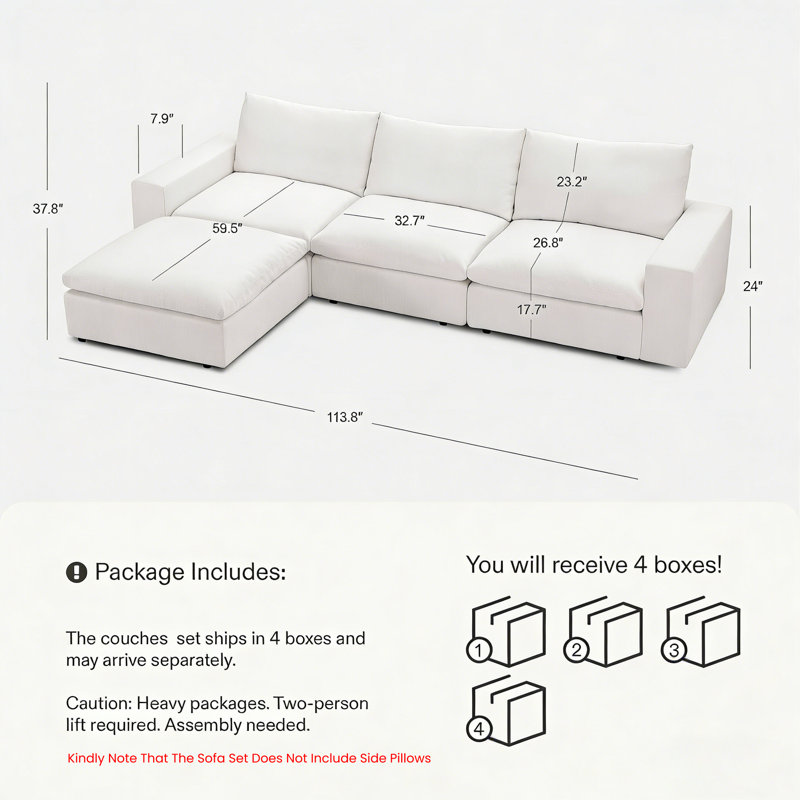 113" Comfy Cloud Couch Modular Sectional Sofa For Living Room, Modern Sofa Sleeper, Wide & Deep Couches With Storage Ottoman