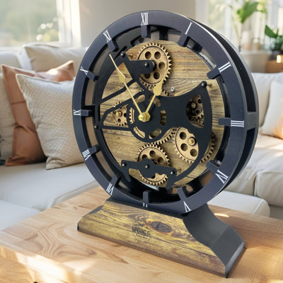 Horloge de bureau ronde en bois de 10 pouces avec de vrais engrenages (transformable en horloge murale - base détachable) Collection Canada