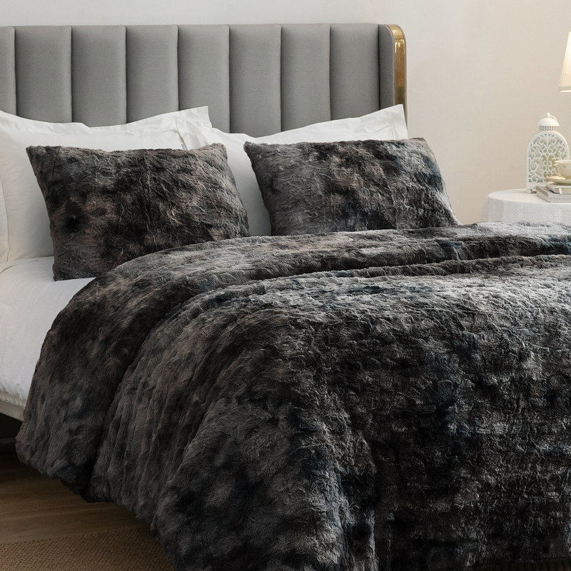 Wonderful Faux Fur Comforter Set 3 Piece Tie Dye, Full/Queen Comforter + 2 Standard Shams, Blue