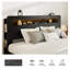 Structure de lit plateforme en bois pleine grandeur avec tête de lit à DEL avec rangement, ports de chargement USB, aucun sommier nécessaire, structure de lit en métal et bois noir foncé avec rangement sous le lit