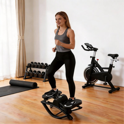 Mini Stepper Machine with Resistance Bands, Stair Stepper with LCD Monitor, Portable Home Fitness Equipment for Full-Body Workout, Legs & Buttocks Cardio Training, Black