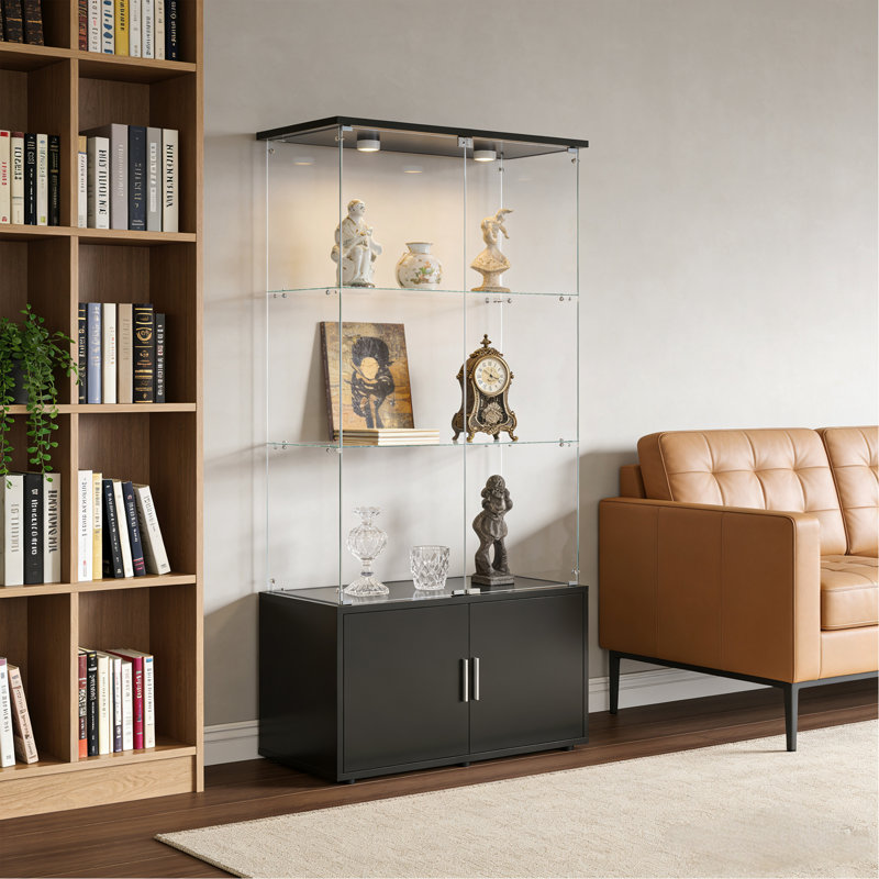 Double-Door Four-Layer Cabinet-Style Storage Cabinet,Display Cabinet,Wine Cabinet,File Cabinet,With Remote-Controlled Paipai Lights,Adjustable Feet, Can Be Placed In The Living Room,Color:Black