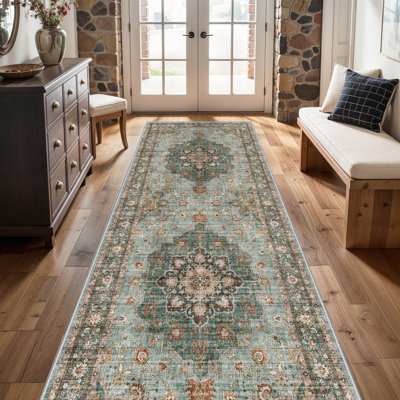 Tapis oriental lavable - Tapis pour le salon Tapis moelleux pour la chambre à coucher Imperméable à l'eau floral patiné intérieur résistant aux taches sans perte de poils (vert)
