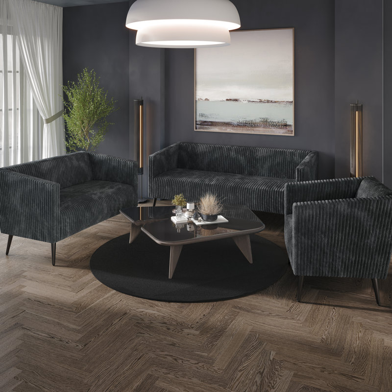 Ensemble de salon en velours côtelé 3 pièces Schermick, gris