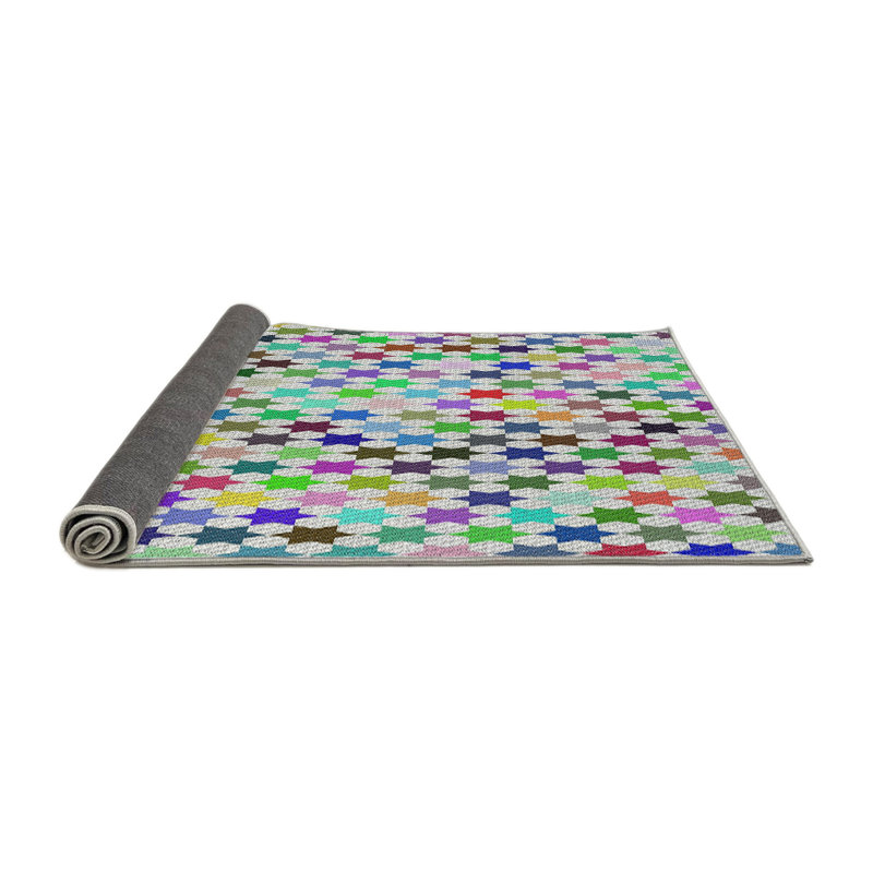 Tapis gris/vert/rouge à motifs, Rond 5 pi