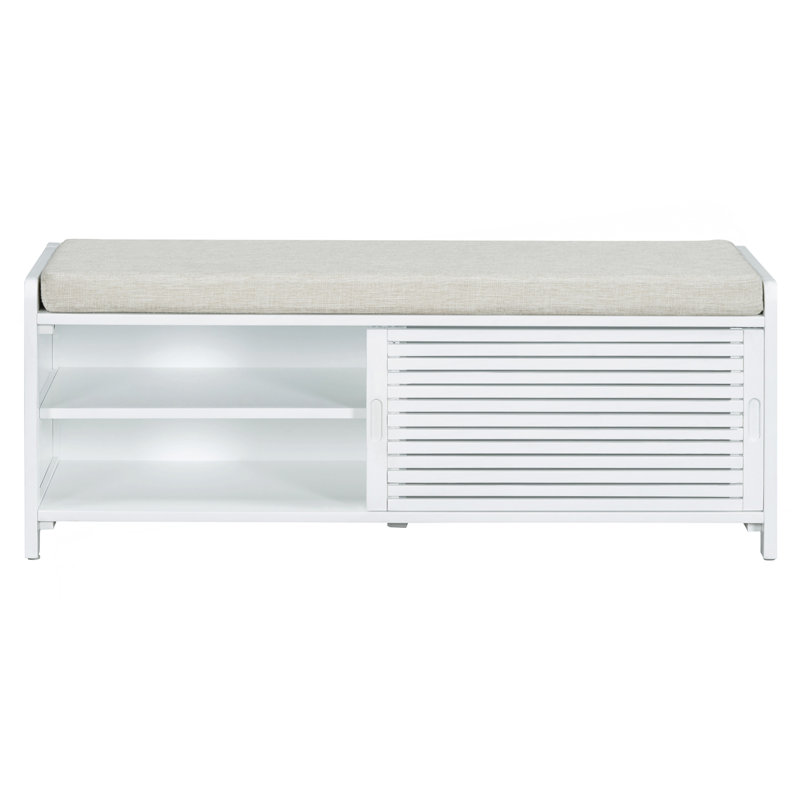 Shoe Bench with Storage and Cushion, Distressed Shutter Storage Bench with Retro Charm for Living Room, Entryway (White)