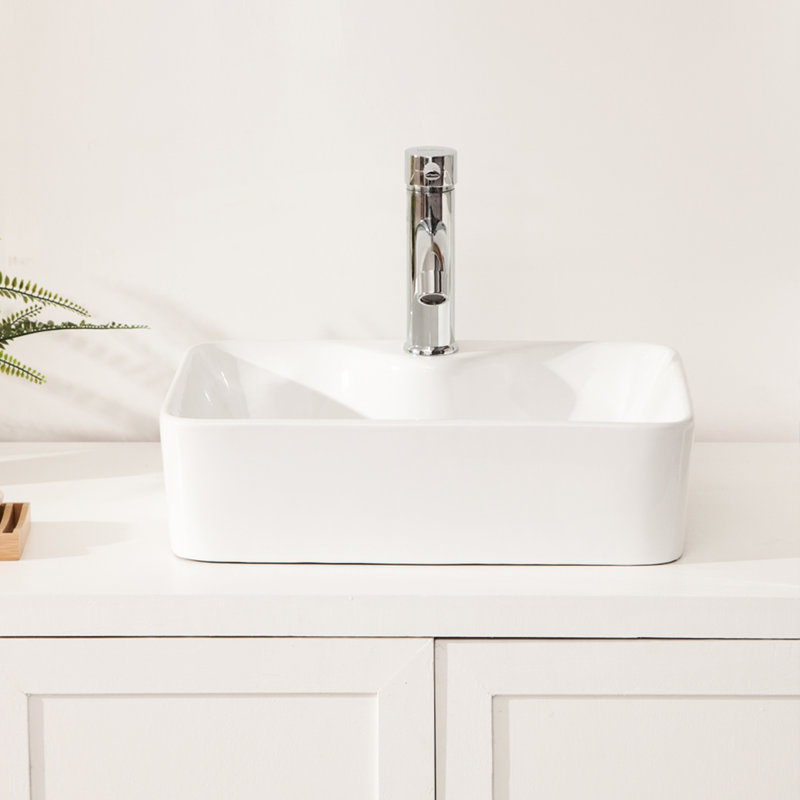 Ceramic Bathroom Vessel Sink Rectangular White - 19"x15", Modern, Stain , Countertop For 19x15", White, Rectangular, Mount
